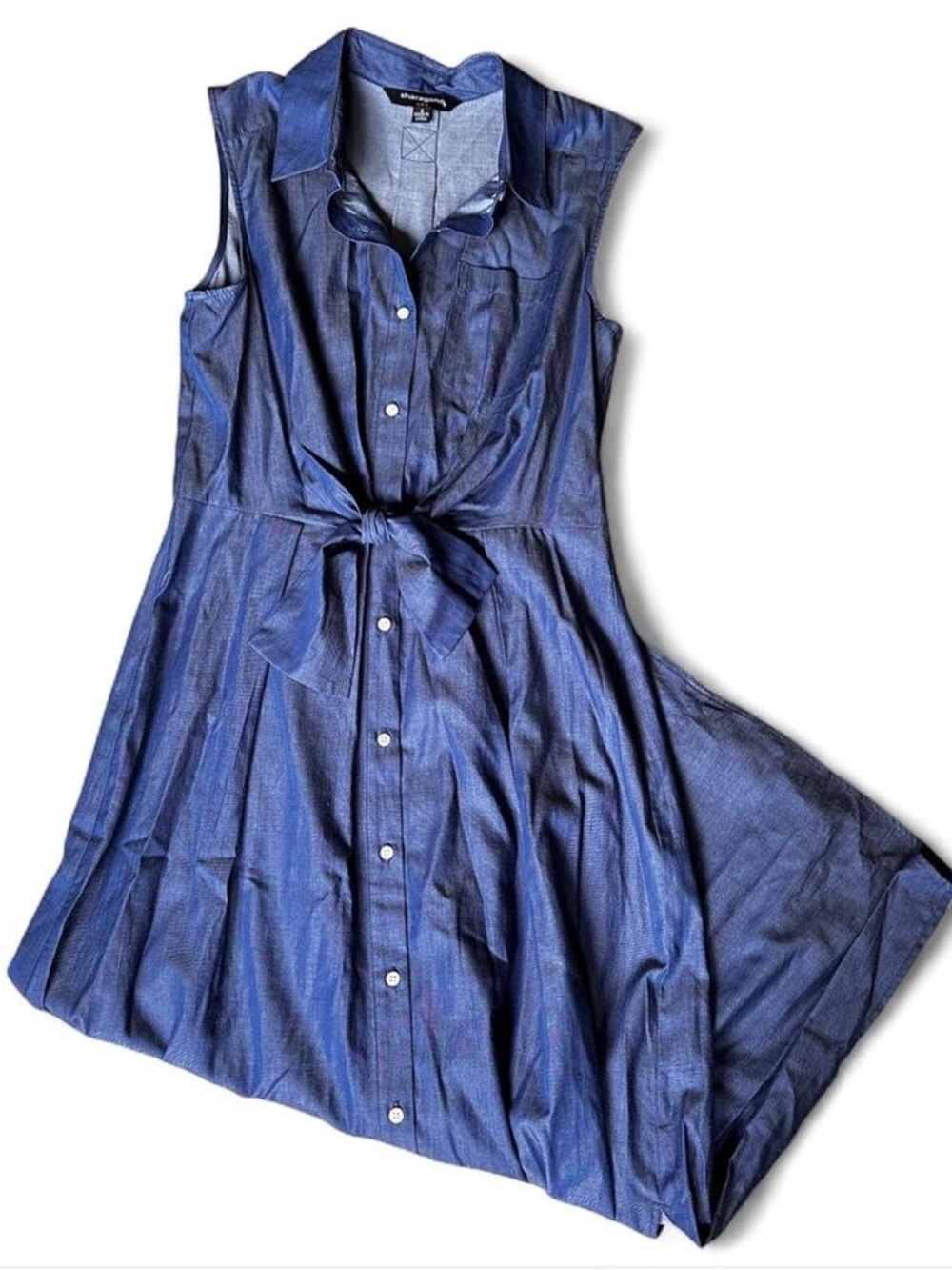 Cotton Blend Cottage Western Button down Denim Style Bow Tie Waist Maxi Dress
